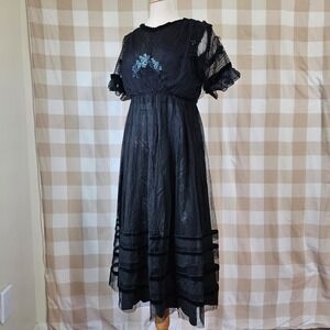 Antique Vtg 1910s Black Beaded Floral Applique Ethereal Fairy Formal Dress S